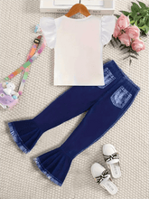 Summer girls fashion trend set, 2 - piece peplum cartoon unicorn T-shirt and faux denim print bell bottoms Girls Jumpsuit - Xprespick